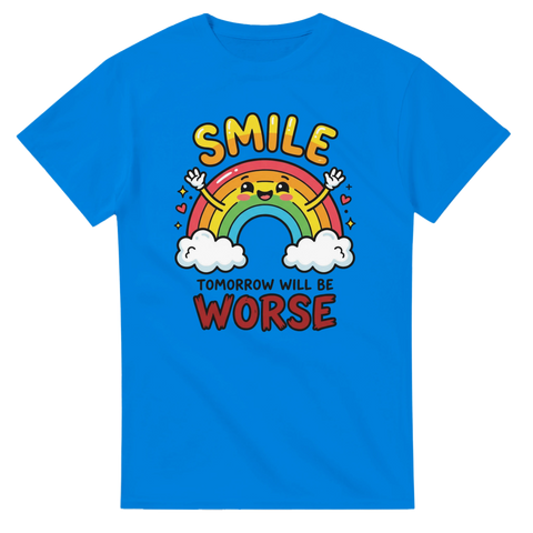 Blå t-shirt med färgglad regnbåge och rolig text med mörk humor