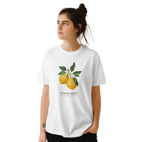 Citronkvist med två gula citroner och gröna blad, texten "LEMON ZEST" på vit t-shirt.