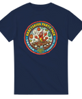 Vintage illustration av kräftskiva med lyktor och nubbe – marinblå t-shirt