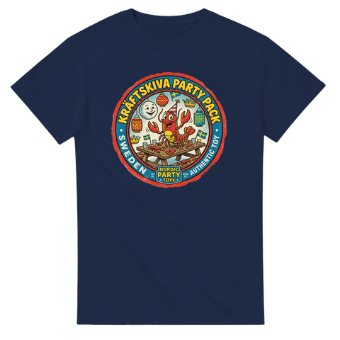 Vintage illustration av kräftskiva med lyktor och nubbe – marinblå t-shirt