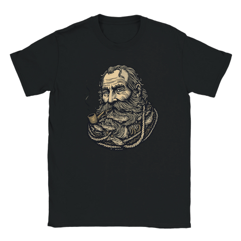 Grafisk illustration av väderbiten fiskare med grova linjer på svart t-shirt