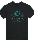 Grafisk illustration av ett glödande virus med kemiska strukturer – sci-fi t-shirt