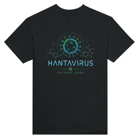 Grafisk illustration av ett glödande virus med kemiska strukturer – sci-fi t-shirt