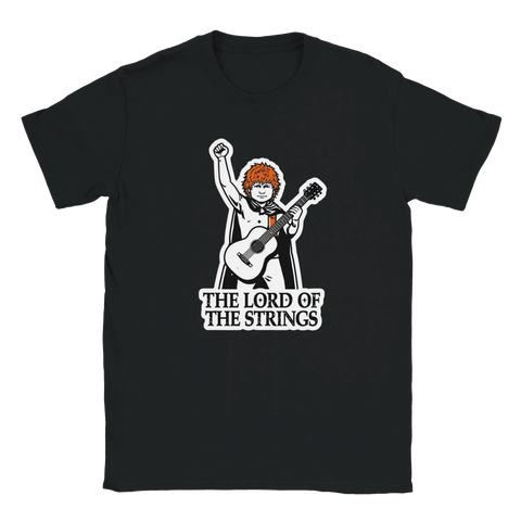 T-shirt med satirisk Ed Sheeran-design och orange hår på svart tyg