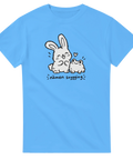Blå t-shirt med en kanin och en groda med hjärta och texten Nämen snygging.