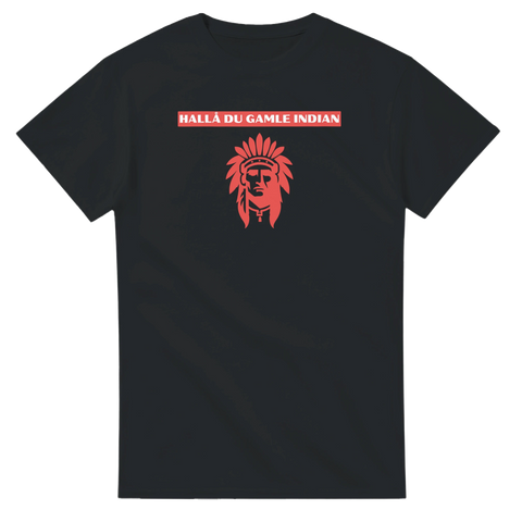 Satirisk t-shirt med indianillustration och röd text