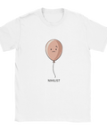 Nihilist-ballong med uttryckslöst ansikte, svart text på vit t-shirt, minimalistisk design.