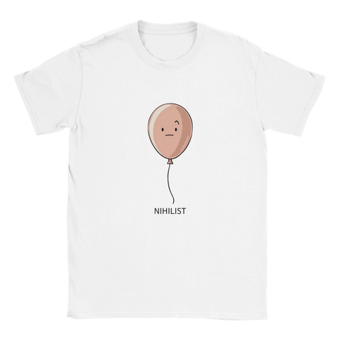 Nihilist-ballong med uttryckslöst ansikte, svart text på vit t-shirt, minimalistisk design.