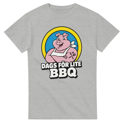 Gråmelerad t-shirt med tecknad gris och citatet Dags för lite BBQ