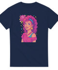 Mörkblå t-shirt med neonrosa tryck av tjej och glittriga stjärnor