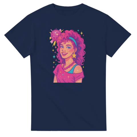 Mörkblå t-shirt med neonrosa tryck av tjej och glittriga stjärnor
