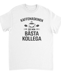 Grafiskt tryck med kaffekopp och bönor på vit t-shirt med humor