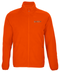 Orange fleecejacka med dragkedja och diskret logotyp – varsel-inspirerad stil