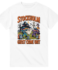 Vit t-shirt med lekfullt motiv av ett hemsökt hus och skelett