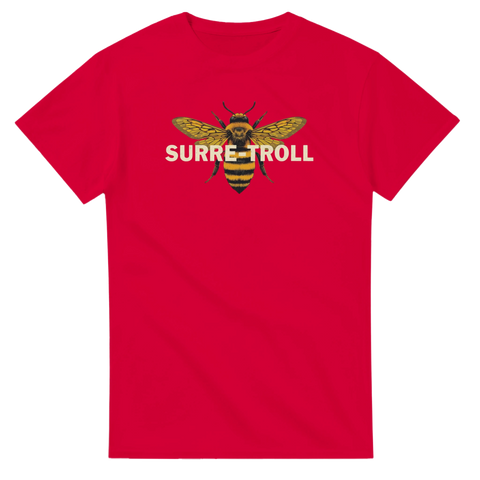 Röd t-shirt med humla och norskt ord surre-troll