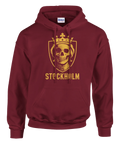 Vinröd hoodie med ett kraftfullt Stockholm-motiv i guldgul färg