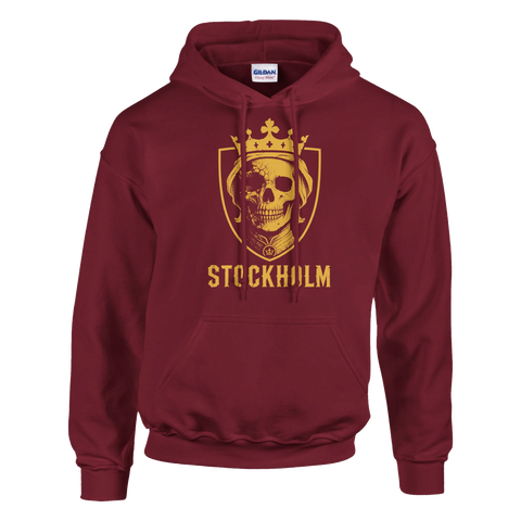 Vinröd hoodie med ett kraftfullt Stockholm-motiv i guldgul färg