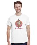 Mjukglass-tryck med rosa/beige glass i våffla, text "MJUKGLASS", på vit t-shirt.