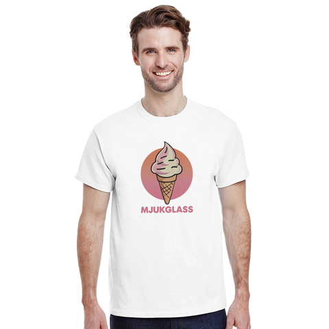Mjukglass-tryck med rosa/beige glass i våffla, text "MJUKGLASS", på vit t-shirt.