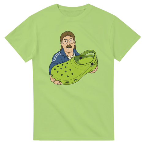 Satirisk teckning av camping-entusiast med grön foppatoffel – limegrön t-shirt