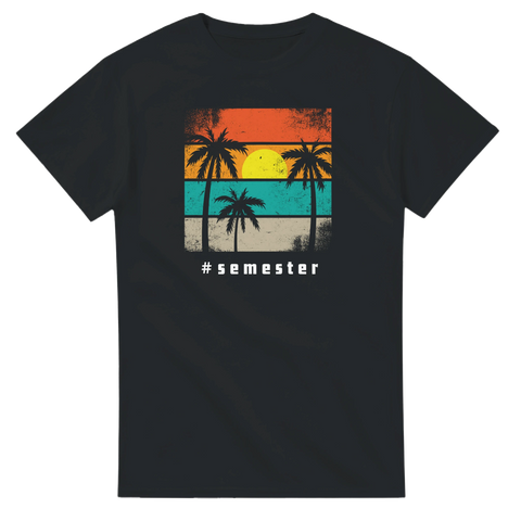 Retro palmer och solnedgång i vintage-stil – grafisk t-shirt med texten #semester