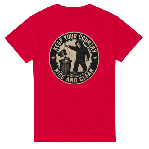 Retro badge-design med budskapet Keep your country nice and clean – politisk t-shirt