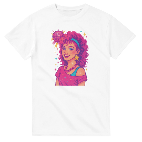 80s Girl på t-shirt, avgränsad form, stark kontrast, enhetlig tonalitet