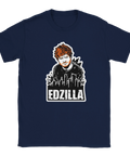 T-shirt i marinblått med en lekfull illustration av Edzilla över skyskrapor