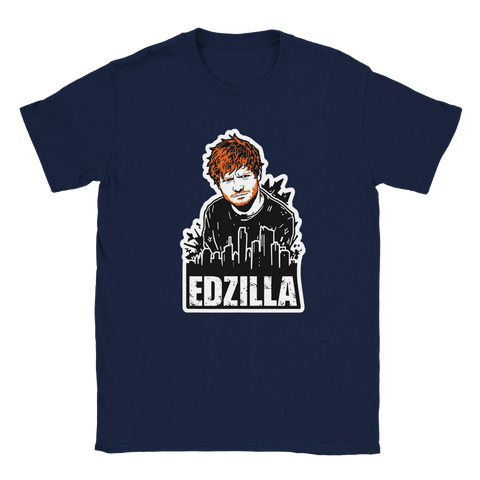 T-shirt i marinblått med en lekfull illustration av Edzilla över skyskrapor