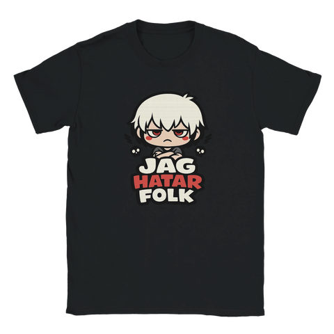 Svart t-shirt med uttrycksfullt statement-tryck av en sur chibi