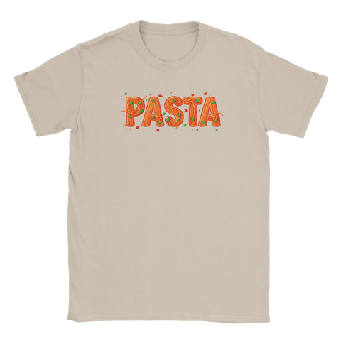 Humoristisk t-shirt i sandfärg med grafiskt motiv av italiensk pasta