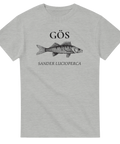 Gråmelerad t-shirt med stilren fiskdesign och vetenskapligt namn