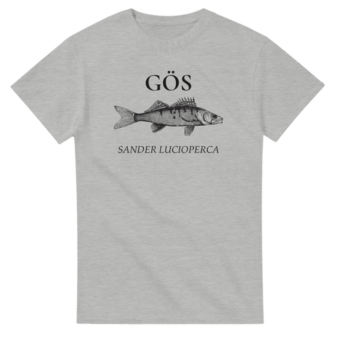 Gråmelerad t-shirt med stilren fiskdesign och vetenskapligt namn