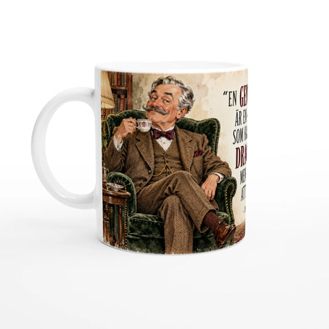 Vintage stil av mustaschprydd herre i grön fåtölj som dricker te
