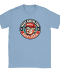 Humoristisk t-shirt med Make Greenland Great Again-motiv på ljusblått tyg
