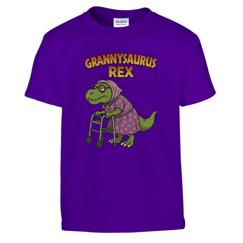 Tecknad Grannysaurus Rex med rullator och text på lila barn-t-shirt.