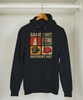Same Shit Different Hat" satirisk hoodie med KKK, Konfedererade, Nazist, MAGA-hattar på svart tyg.