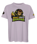 Tecknad apa med headset och banan, text "MONKEY WANTS BANANA" på ljuslila oversized ekologisk t-shirt.