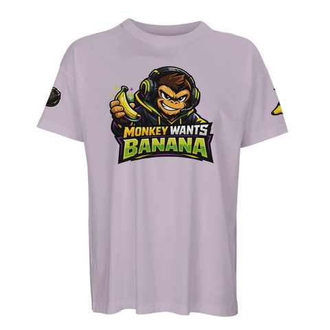 Tecknad apa med headset och banan, text "MONKEY WANTS BANANA" på ljuslila oversized ekologisk t-shirt.