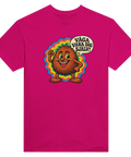 Rosa t-shirt med en glad kokosnöt med färgglad bakgrund och texten Våga vara dig själv.