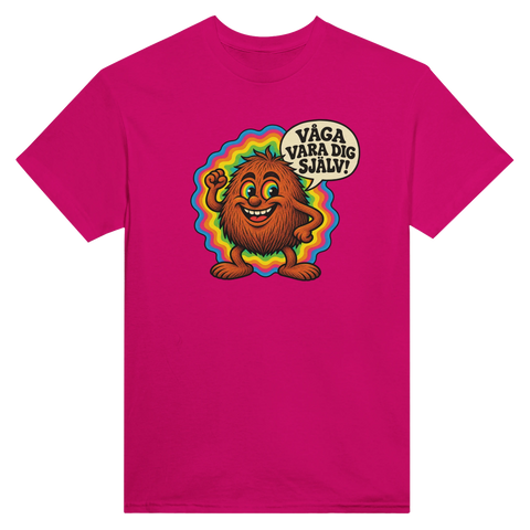 Rosa t-shirt med en glad kokosnöt med färgglad bakgrund och texten Våga vara dig själv.