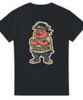 Satirisk illustration av en tuff gris i streetwear-stil på svart t-shirt