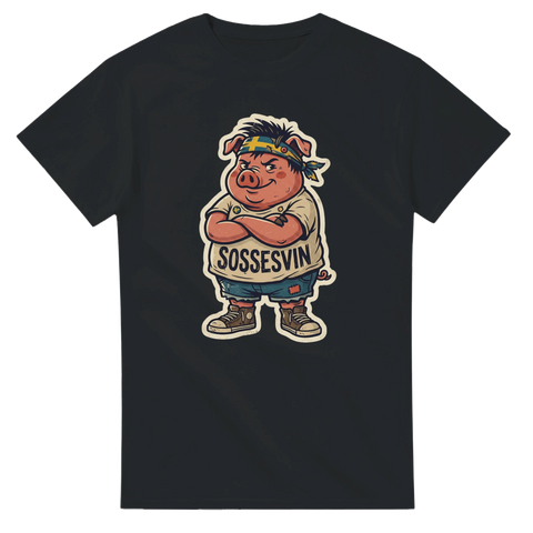 Satirisk illustration av en tuff gris i streetwear-stil på svart t-shirt
