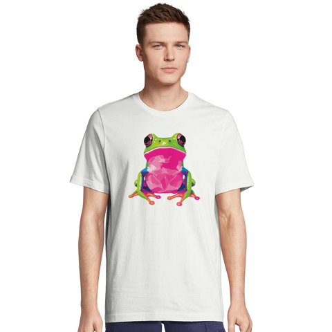 Färgglad pop-art groda med rosa mage och gröna ben på vit t-shirt.