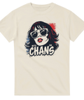 Beigefärgad t-shirt med grafiskt tryck i rebellisk retrostil