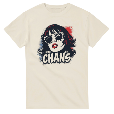 Beigefärgad t-shirt med grafiskt tryck i rebellisk retrostil