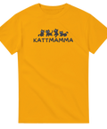 Tecknade svarta katter och texten "KATTMAMMA" på senapsgul t-shirt.