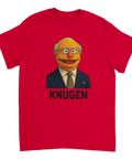 Muppknugen-tryck med gubbe i kostym, slips, glasögon och texten "KNUGEN" på röd t-shirt.