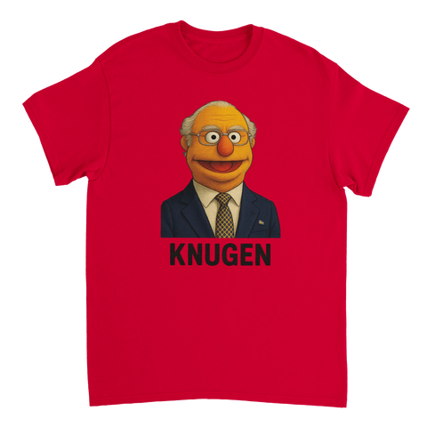 Muppknugen-tryck med gubbe i kostym, slips, glasögon och texten "KNUGEN" på röd t-shirt.