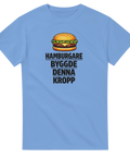 Rolig t-shirt för matälskare med hamburgare och kaxigt budskap på blå t-shirt